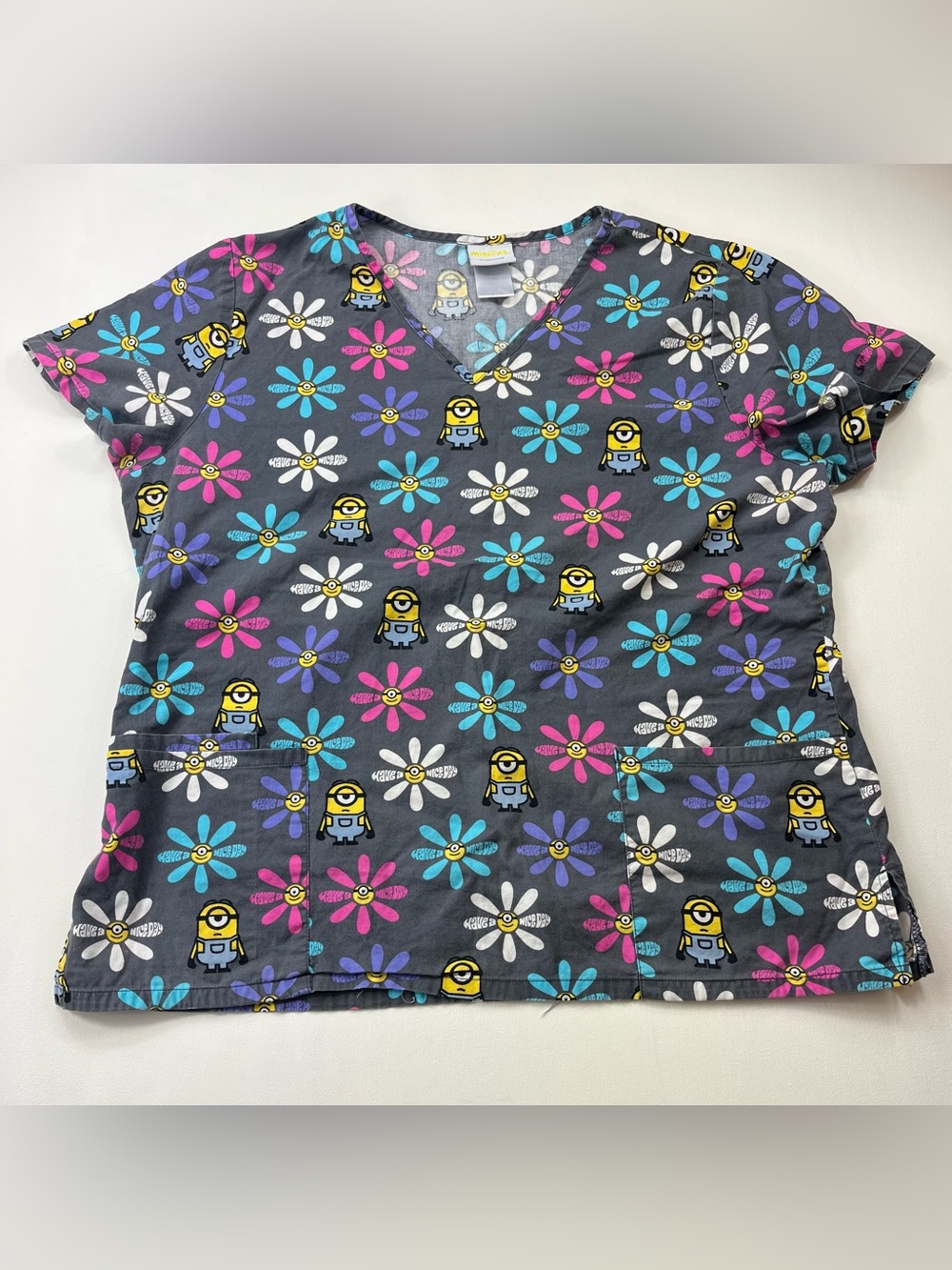 Minions Scrub Top Womens Blue Purple Flowers Medical V-Neck Pockets Size L